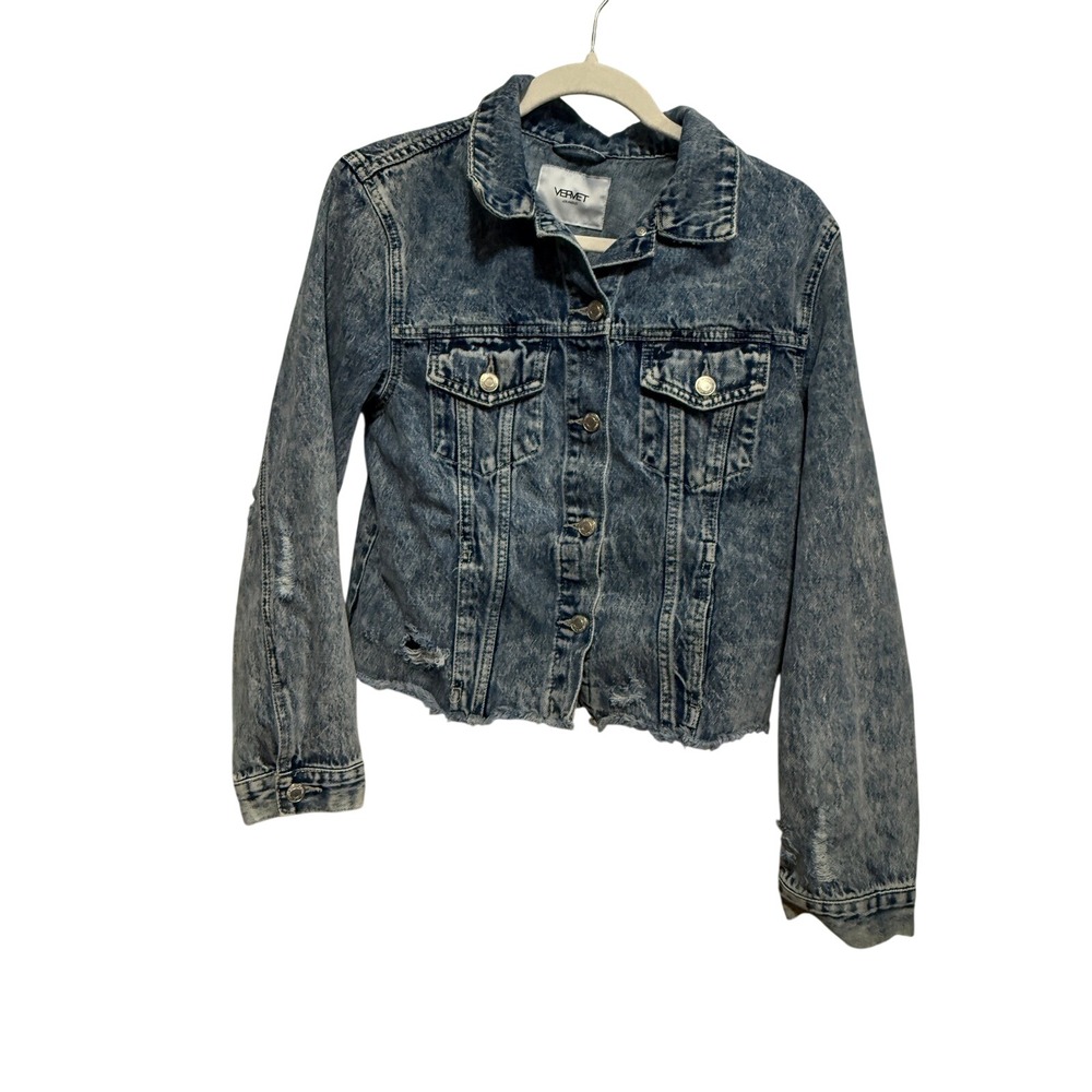 Vervet Los Angeles Women Small Cropped Acid Wash Denim Jacket Distressed Raw Hem
